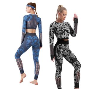 Gym Kläder Kvinnor Sport Set Camouflage Yoga Wear Suit Workout Kläder Hål Sport Fitness Lång ärm