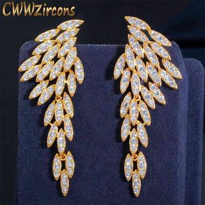Cwwzircons elegant 18k guldpläterad cubic zirconia lång dangle fjäder vinge droppe örhängen för kvinnor mode boho smycken cz640 210625