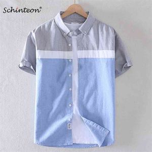 Schinteon Marka Mężczyźni Lato 100% Bawełna Koszula Oxford Krótki Rękaw Smart Casual Slim Patchwork Collar 210626