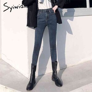 Grå jeans kvinna hög midja kvinnor skinny mode koreanska tvättade belagda denim penna byxor sträcker jean svart plus storlek 210708