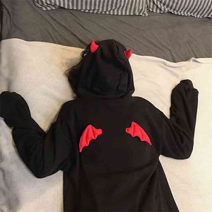 Devil Horn Hoodie Streetwear Gothic Kapturem Kobiety Luźne Czarne Bluzy Zgadniane Harajuku Kawaii Cute Clothing Fleece 210826