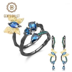 Gem's Ballet 4.67CT Natural London Blue Topaz 925 Sterling Zilver Handgemaakte Vlinder Branch Ring Oorbellen Sieraden Sets voor Dames Armband,