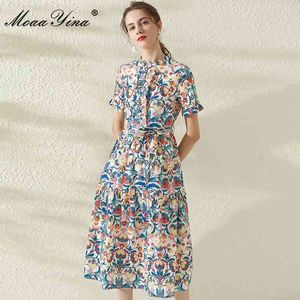 ファッションデザイナー夏休みドレス女性の半袖ウエストバンドハイウエスト花柄プリントビンテージMIDI 210524