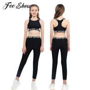 Estate 2 pezzi Set yoga Tute da corsa Palestra Tuta sportiva Bambini Ragazze Senza maniche Racer Back Canotta Pantaloni elastici in vita Abbigliamento sportivo X0902