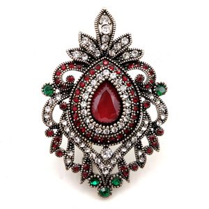 Turkish Vintage Micro Pave Crystal Opens Filigree Scroll Dark Red Brooch Teardrop Stone Domed Oval Shaped Pin Hijab Jewelry