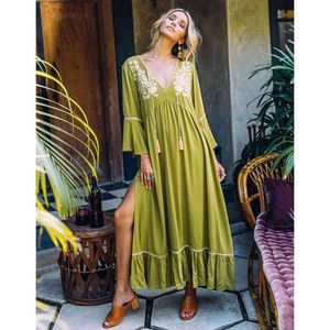 Spring Green Boho Cotton Bikini Cover-ups Sexy Deep V-neck Tassel Summer Dress Women Beach Wear Swim Suit Cover Up A510 210420