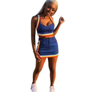 Two Piece Set Summer women crop tops and Mini Skirts Sets 2pcs Blue Denim outfits 2 piece set women matching sets 210518