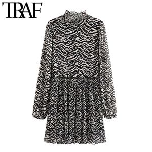 TRAF Women Chic Fashion Animal Print Pleated Mini Dress Vintage High Neck See Through Sleeve Female Dresses Vestidos 210415