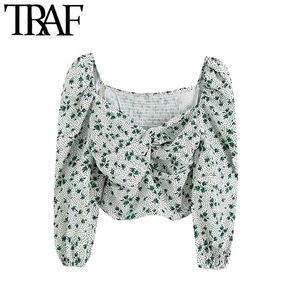 Traf Women Fashion Floral Print Croped Bluses Vintage Three Quarter Sleeve Back Elastic Female Shirts Chic Tops 210415