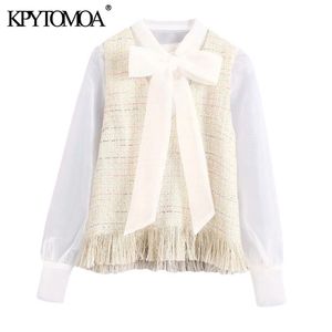 Kvinnor Mode med Tassel Patchwork Organza Tweed Blusar Bow Tie Collar Frayed Female Shirts Chic Toppar 210420