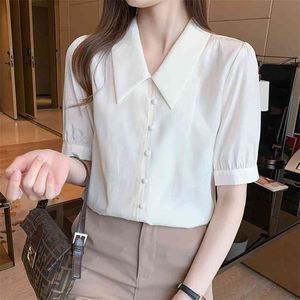 French Women's Shirt Classic Chiffon Blouse Female Plus Size Loose Short sleeve Shirts Lady Simple Style Tops Clothes 210507