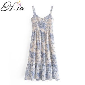 Hsa Dress for women Summer Sexy Floral Beach Dress Holiday Wear High Waist Chinese Style Blue and White Vintage Pleated Vestidos 210716