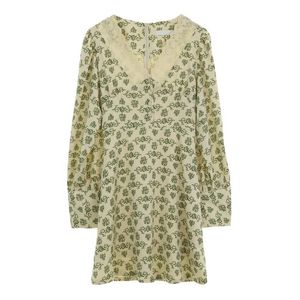 Retalhador de renda verde vice-pescoço de manga longa impressão floral A linha mini vestido feminino mulheres mola korea d2351 210514