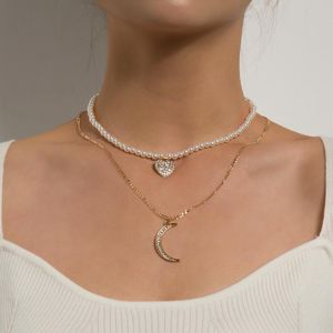 Pendant Necklaces Moon Rhinestone Heart Necklace Imitation Pearls Short Choker Gold Silver Color 2021 Fashion Jewelry