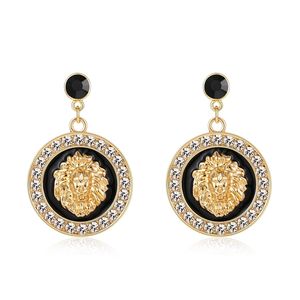 Hip Hop Gold Lion Head Stud Earring Punk Trendy Crystal Färgad Emalj Mode Basket Ball Wives Cocktail Kostym Smycken 220209