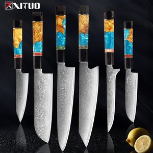 XITUO Damascus Chef Knife Set Faca de Cozinha Profissional Cutelo Cortador Faca Utilitária Estável Woodresin Lidar com Utensílios de Cozinha