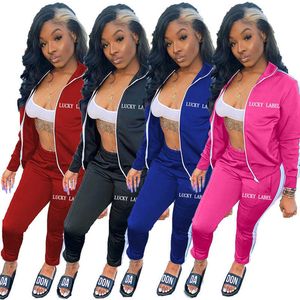 Lucky Label 2 Piece Outfit Sweatsuit Striped Sets Zip Top Leggings Sweatpants Jogger Queda de Roupa Atacado Drop 210930