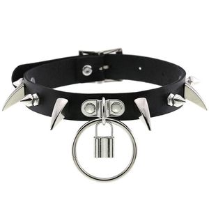 Wholesale womens leather collars resale online - Black Choker With Spikes Collar Women Man Leather Necklace Circle Jewelry Punk Chocker Aesthetic Lock Gothic Accessories Chokers