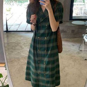 Vintage V-Neck Office Lady Plaid Streetwear Dubbelbröst Loose Retro Sommar Söt Långa Klänningar Vestidos 210525