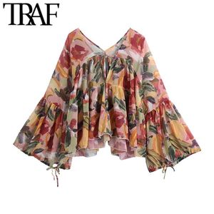 TRAF女性ファッションセミシェアグラフィティプリントルーズシフォンブラウスヴィンテージvネックフレアスリーブ女性シャツBlusas Chic Tops 210415