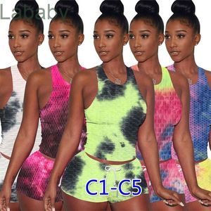2022 Women Tracksuits Summer Gym Clothing Sexy Tie Dye Two Piece Pants Set Crop Top Shorts Yoga Outfits Sports Suit Plus Size