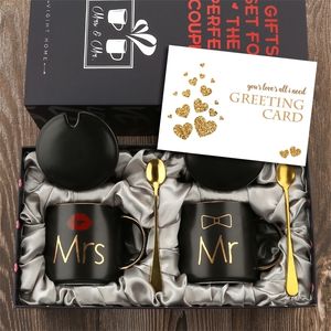 Mr and Mrs Coffee Mugs Cups Gift-Set for Engagement Wedding Bridal Shower Bride Groom To Be lyweds Couples Black Ceramic 220311