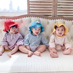 6-24 м Newborn Baby Girls Bodysuits с длинным рукавом хлопок детские мальчики одежда ребенка полосатый боди + мультфильм шляпа детская одежда 210413