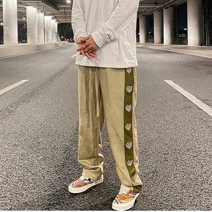 Hip Hop Suede Heart Embroidered Letters Casual Pants Mens Straight Color Block Drawstring Loose Trousers High Street Track Trousers