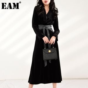 [Eam] Mulheres Black Velvet Bandage Elegante Midi Dress V-pescoço de Manga Longa Loose Fit Moda Primavera Outono 1x59201 21512