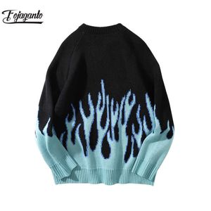 FOJAGANTO Men's Winter Autumn Loose Sweater Harajuku Oversize Hip Hop Pullover Streetwear Casual Blue Flame Male 210909