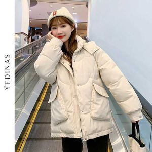 Yedinas Women Parkas Jacket Fashion Solid Thick Coats Warm Winter Hooded Pocket Outwear High Quality 210527