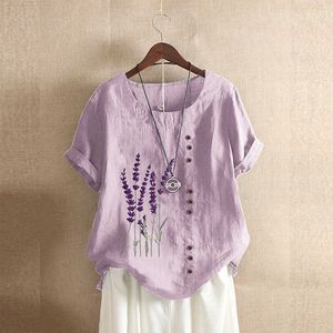 Roxo Violeta Camiseta Verão Lavanda Impressão Botão Feminino Camiseta Casual Manga Curta Algodão Linho Tops Mujer Plus Size S-4XL T200613