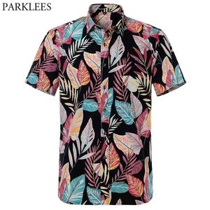 Colorful Leaves Print Hawaiian Shirts Men Summer Short Sleeve Beach Party Shirt Male 100% Cotton Comfortable Clothing 210522