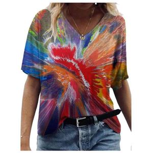T-shirt da donna Estate Painting Abstract Painting 3D Tshirt Casual Manica Corta V-Collo V-Collo Allentato Lady Lady Shirt Oversized Tee 210522