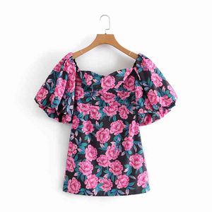 Mulheres Sexy Rosa Cópia Floral Vestidos Elegant Senhoras Slash Pescoço Curto Vestido Doce Feminino Chique Lanterna Sleeve Vestidos 210427