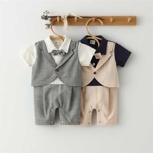 born Boy Clothes Romper Summer Baby Suit Bow Tie Boys Formal Party Clothing Outfit Infant 1st Birthday Dress Born Outfits 211011