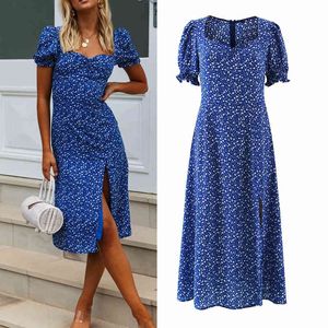 Blå blommig klänning Kvinnor Sommar Elegant Party Midi Kvinna Kort Puff Sleeve Samlade midjan Ladies Vestidos Kappor 210430