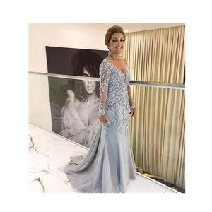 Elegant Blue Silver Mother of the Bride Dresses Long Sleeves 2021 V Neck Godmother Evening Dress Wedding Party Guest Gowns New220N