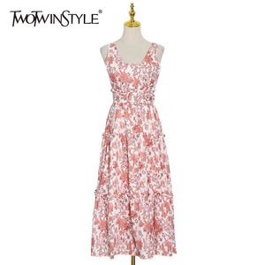 Twotwinstyle Bohemian impresso floral vestido para mulheres v neck sem mangas cintura alta sexy vestidos feminino verão moda roupas 210517