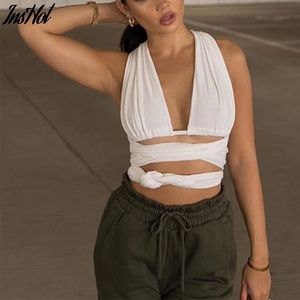 Cross Bandaż Sexy Backless White Crop Topy Dla Kobiet Plunge Cropped Feminino Paski Wiązanie Kamizelka Top Streetwear 210514