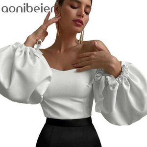 Off Shoulder Long Puff Sleeve Blouse Shirt Women White Elegant Autumn Sexy Office Lady Casual Top Shirts Outwear 210604