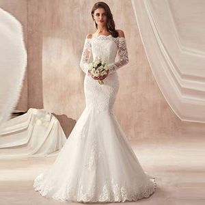 2021 Modest Bateau Neck Mermaid Wedding Dresses Simple Long Sleeves Slim Fitted Fishtail Bridal Gowns Bandage Back Custom Robe