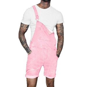 Rosa denim övergripande shorts för män mode hip hop streetwear mens jeans plus storlek kort jean jumpsuits 210714