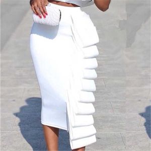 Women Spring Pencil Skirt Ruffle Pleated Fashion Lady Slim Package Hip Jupes High Waist Midi Classy Faldas Summer Femme 210527