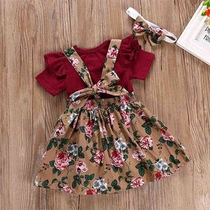 Summer Ruffle Romper Buttons Decor Floral Dress and Headband Sets Baby Girl Clothes 210528