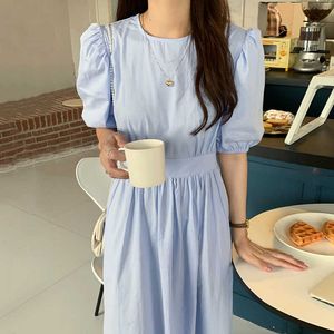 South Korean chic summer elegant commute solid color round collar back hollow strap high waist bubble sleeve dress girl 210526