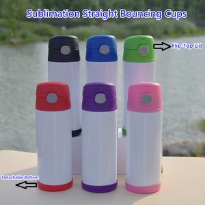 Totally Straight! Sublimation Blanks Water Bottle 12oz Bouncing Cups with Flip Top Straw Lid Coasters Stainless Steel Double Wall Insulated Kid Tumblers Thermos