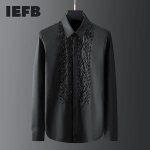 IEFB Handgemachte schwarze elegante geometrische Metallsteinperlen Nähen Herrenhemd Langarm Licht Luxus Design Bluse Hohe Qualität 210524