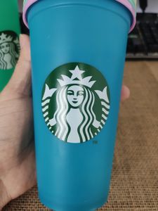 50pcs OZ Real pictures Color Change Tumblers mugs Plastic Drinking Juice Cup With Lip And Straw Magic Coffee Mug Costom Starbucks plastics cups DHL Free postage