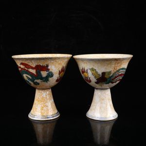 Antiques dragon and phoenix tea cup old ceramic crafts living room Ming Chenghua style bucket color goblet a pair of ornaments